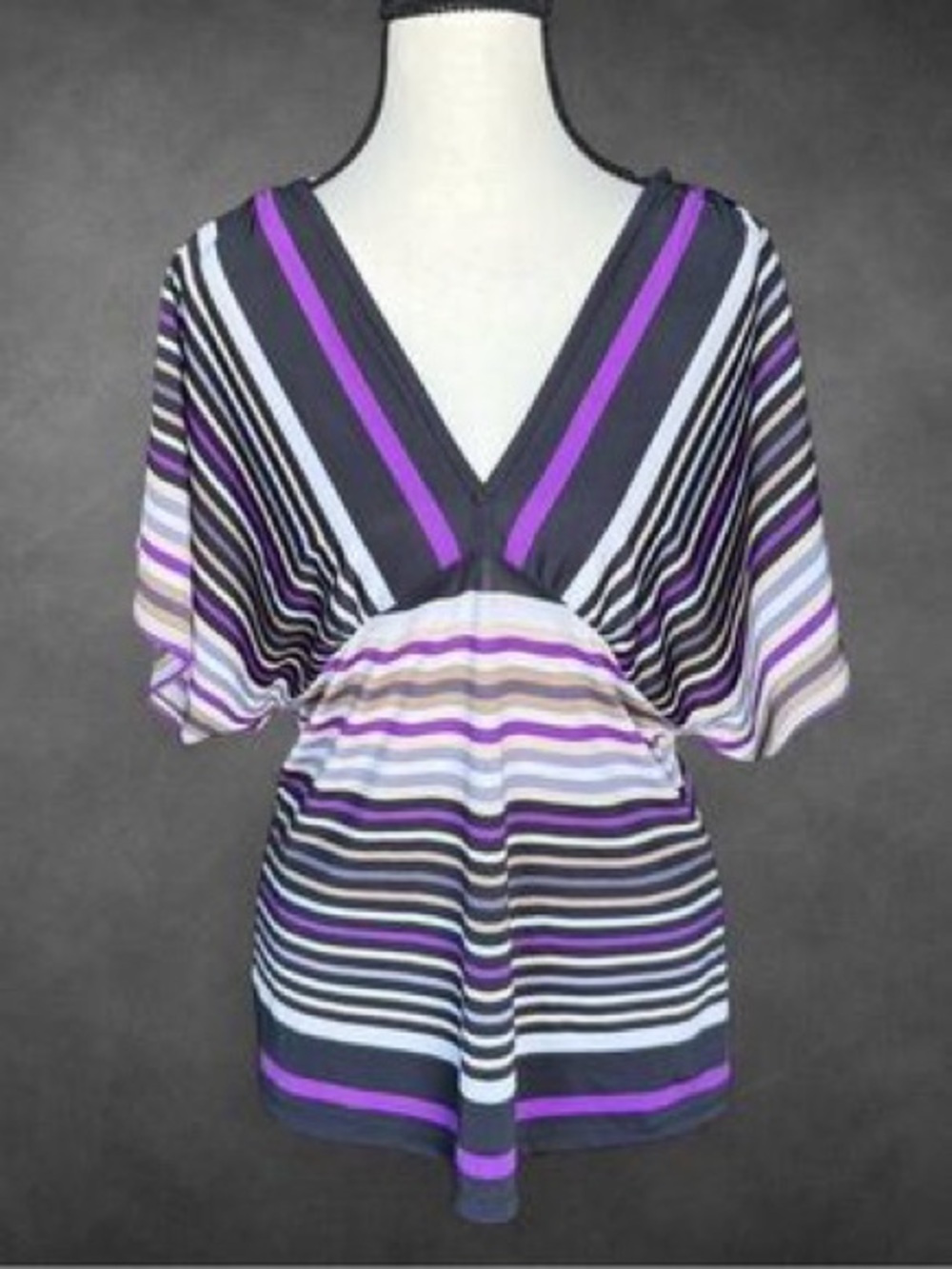 Cache Vintage Y2K‎ Flutter Sleeve V Neck Top - Purple Stripe - Small